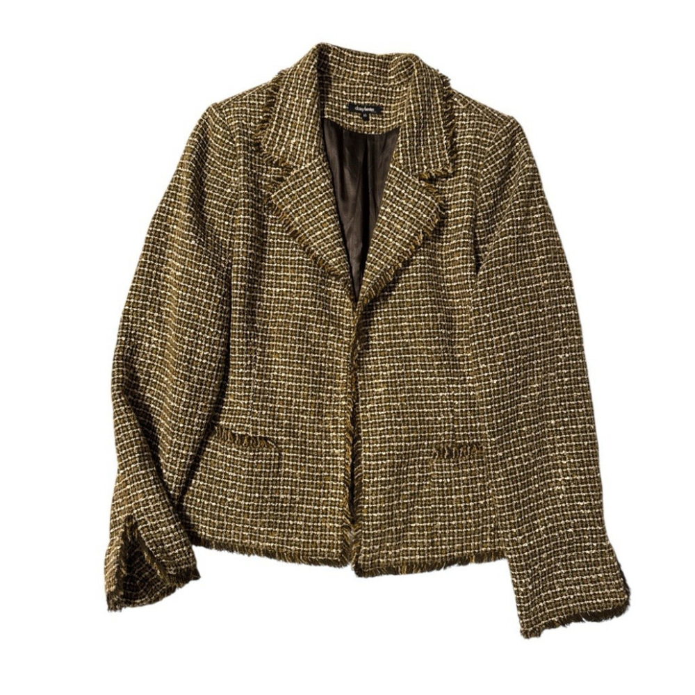 Daisy Fuentes Fringe Brown Women's Tweed Sleeve Blazer Jacket Career Size 16